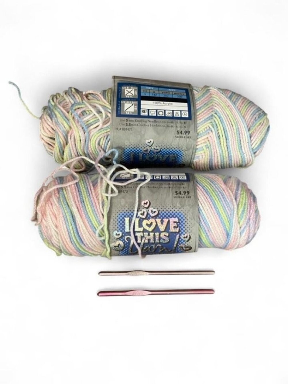 I Love This Yarn! Lot of 2 Ombre Multicolor Worsted #4 Acrylic 891473 With Hooks